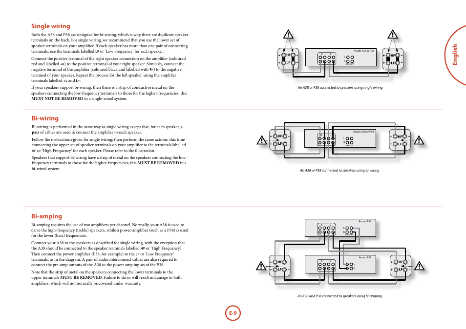 English single wiring, Bi-wiring, Bi-amping | Arcam FMJ A38 User Manual | Page 9 / 18