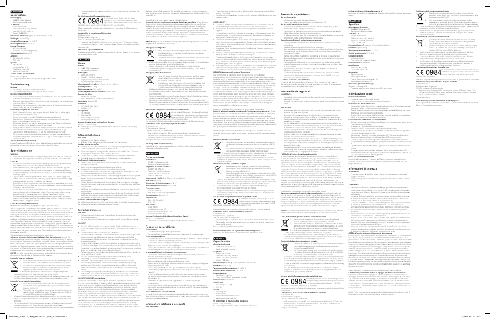 Specification, Troubleshooting, Safety information | Daten, Störungsbehebung, Sicherheitshinweise, Caractéristiques, Résolution des problèmes, Informations relatives à la sécurité, Especificación | LG NP3530 User Manual | Page 2 / 2