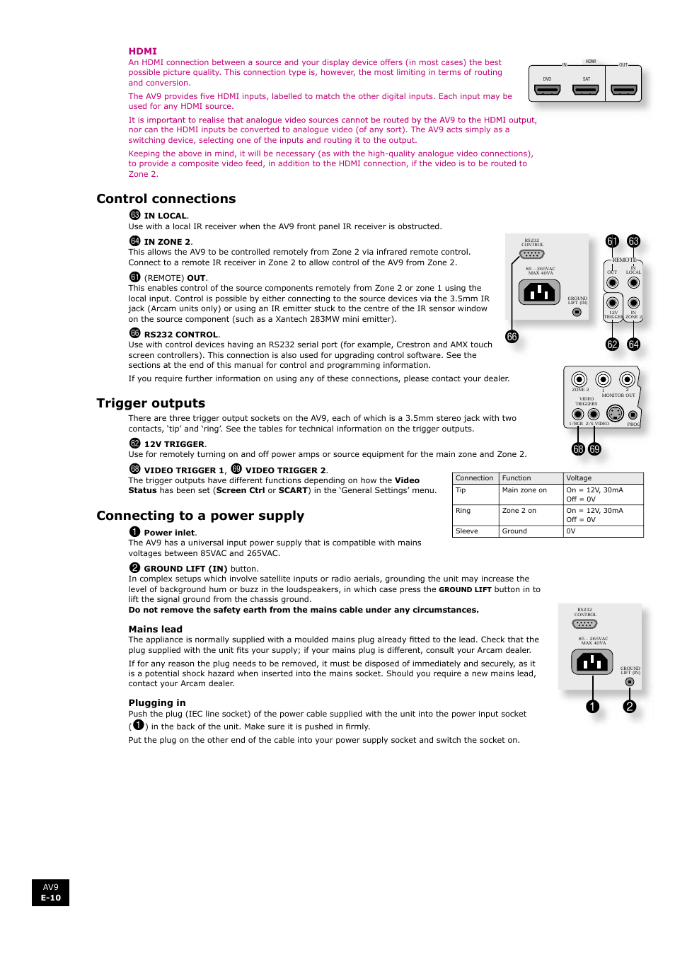 Gl gn gm go, Gsgt, Control connections | Trigger outputs, Connecting to a power supply | Arcam FMJ AV9 User Manual | Page 10 / 54