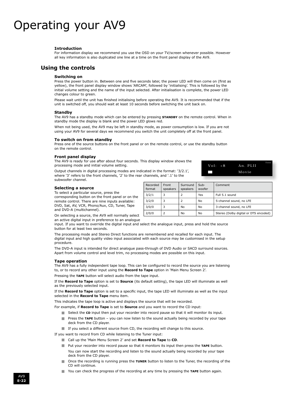 Operating your av9, Using the controls | Arcam FMJ AV9 User Manual | Page 22 / 54
