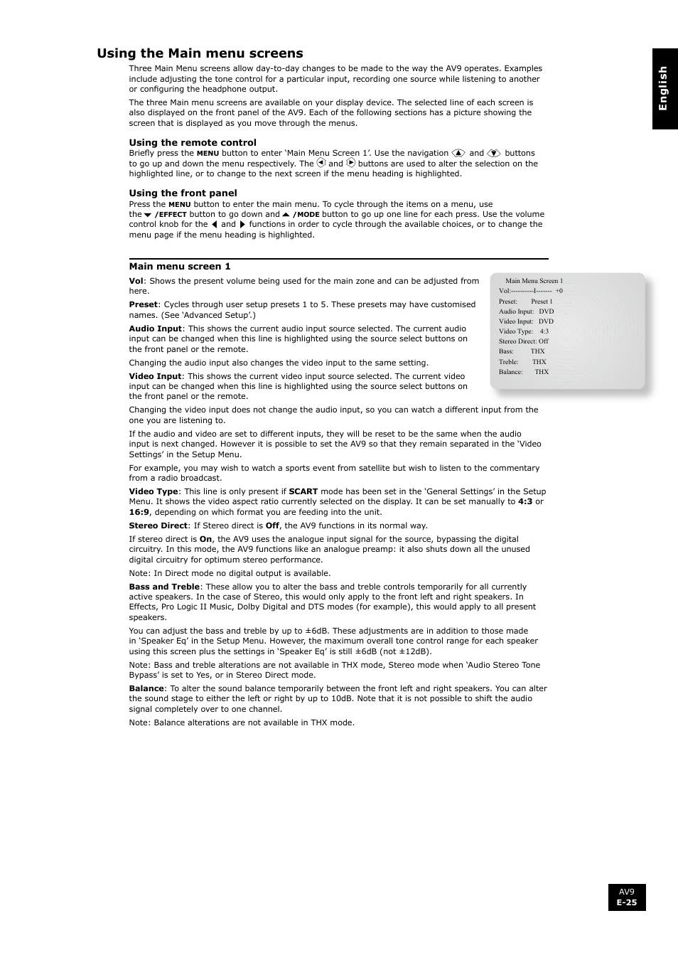 Using the main menu screens | Arcam FMJ AV9 User Manual | Page 25 / 54