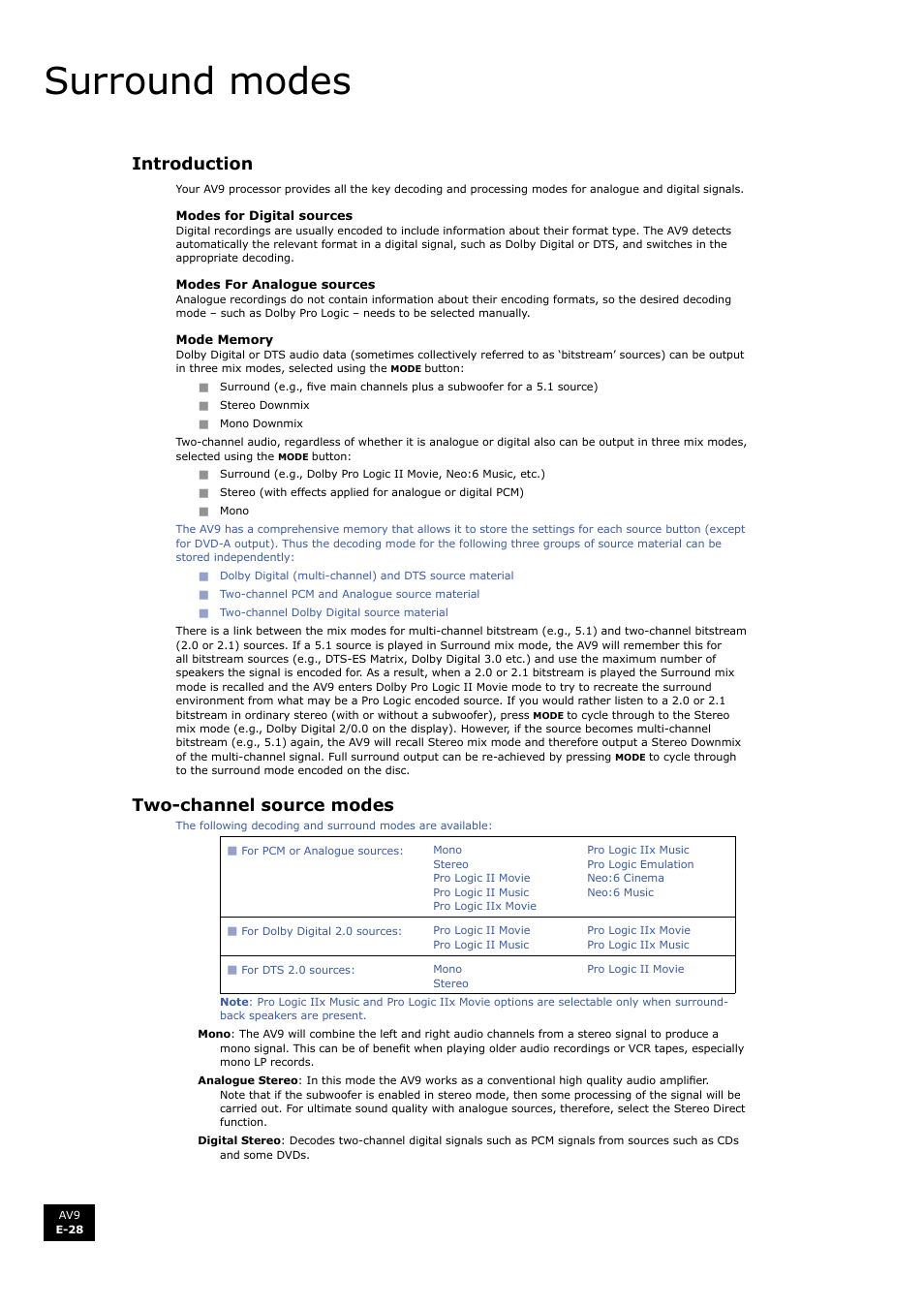 Surround modes, Introduction, Two-channel source modes | Arcam FMJ AV9 User Manual | Page 28 / 54