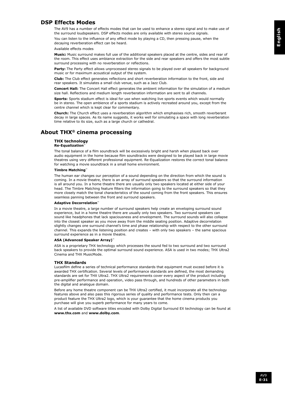 Dsp effects modes, About thx, Cinema processing | Arcam FMJ AV9 User Manual | Page 31 / 54