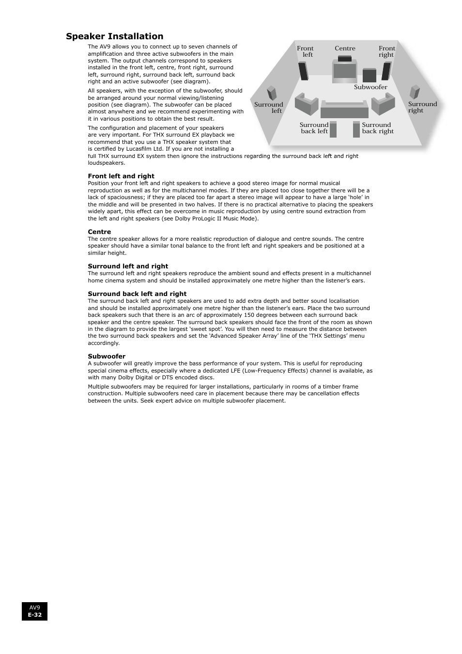 Speaker installation | Arcam FMJ AV9 User Manual | Page 32 / 54