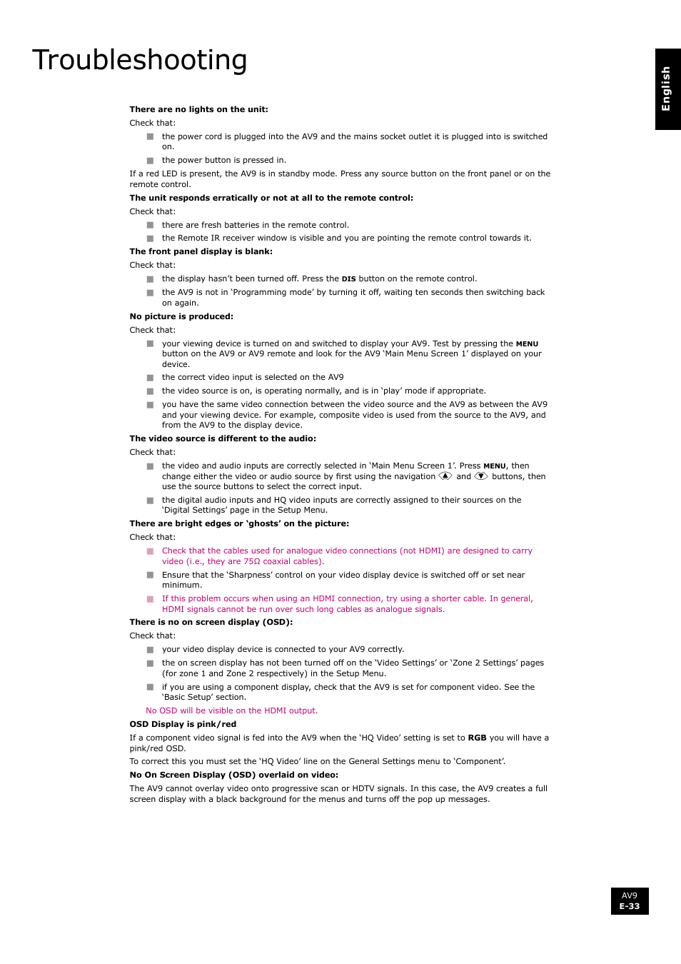 Troubleshooting | Arcam FMJ AV9 User Manual | Page 33 / 54