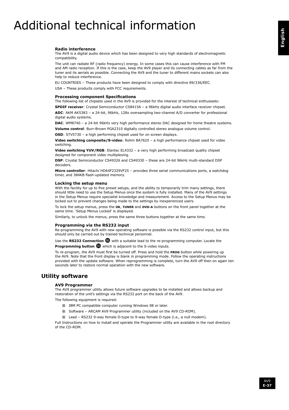 Additional technical information, Utility software | Arcam FMJ AV9 User Manual | Page 37 / 54