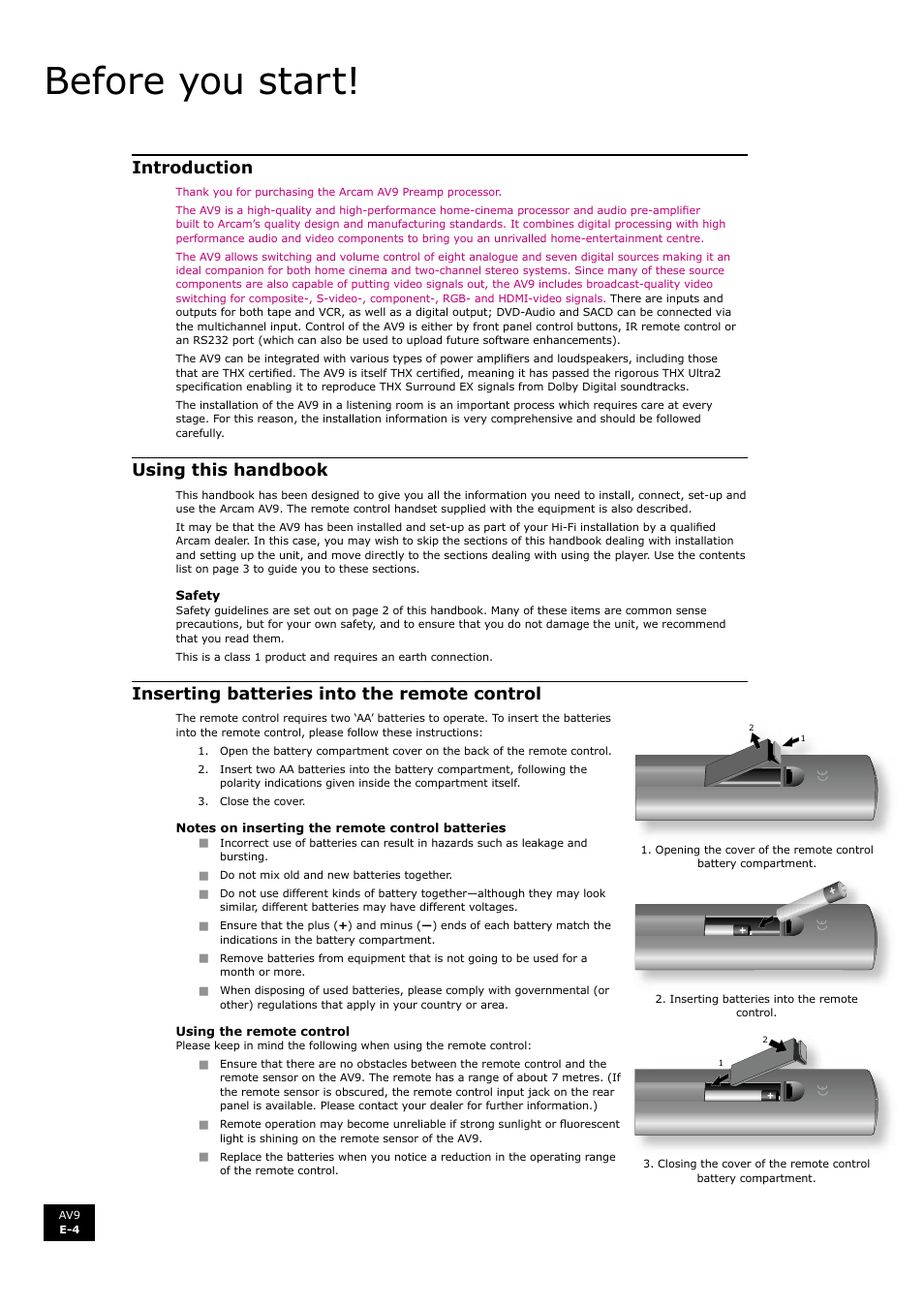 Before you start, Introduction, Using this handbook | Inserting batteries into the remote control | Arcam FMJ AV9 User Manual | Page 4 / 54