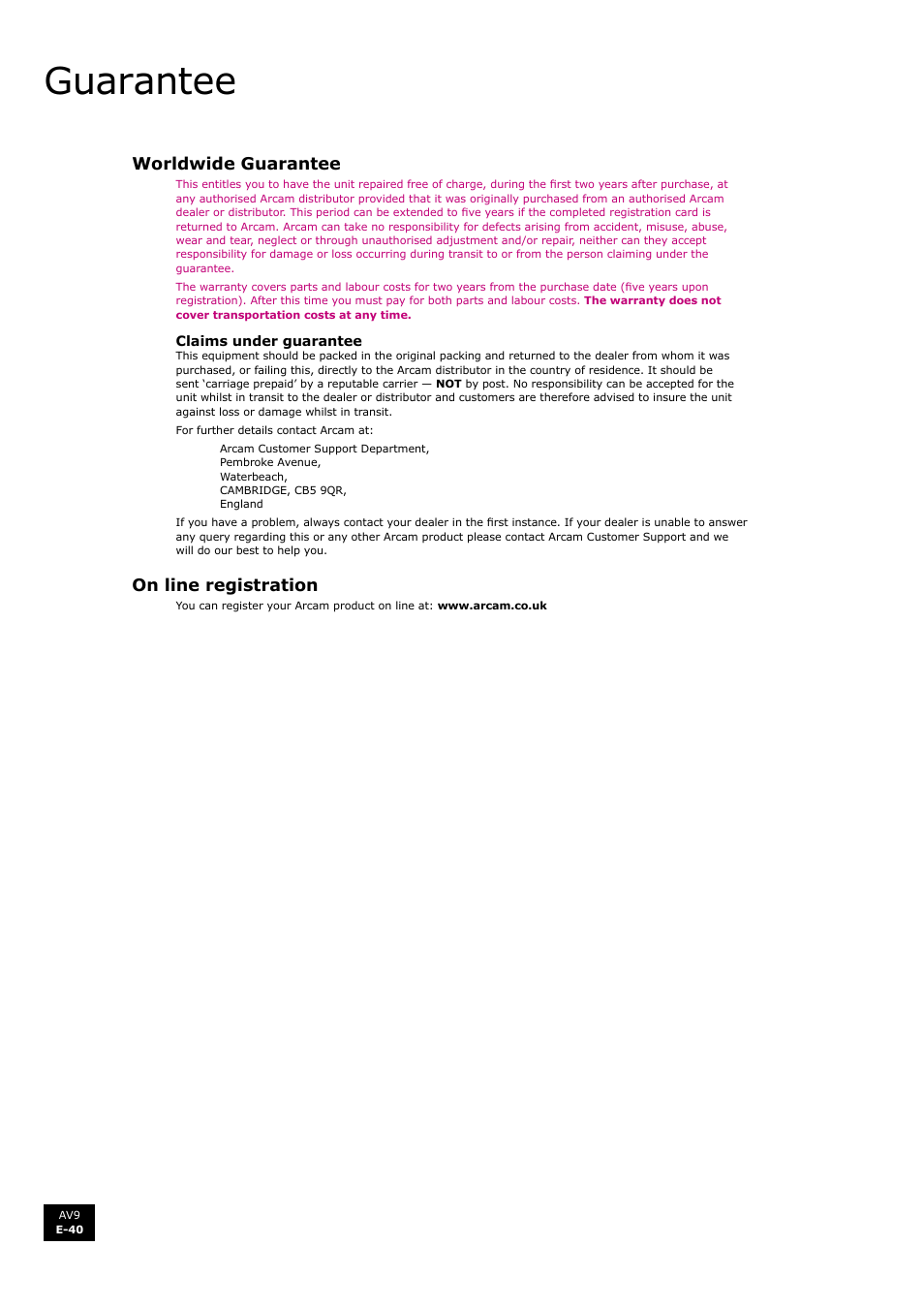 Guarantee | Arcam FMJ AV9 User Manual | Page 40 / 54