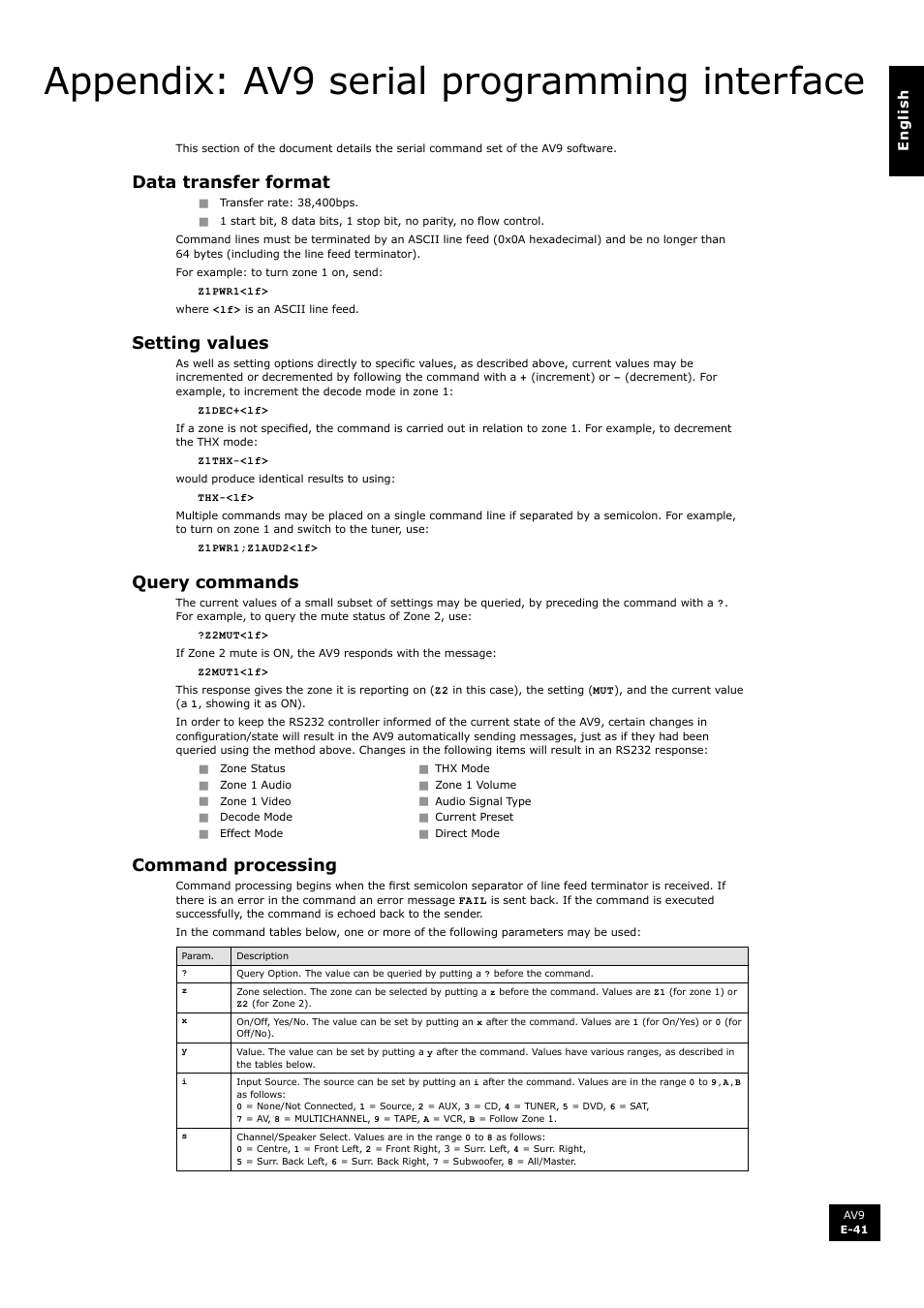 Appendix: av9 serial programming interface, Data transfer format, Setting values | Query commands, Command processing | Arcam FMJ AV9 User Manual | Page 41 / 54