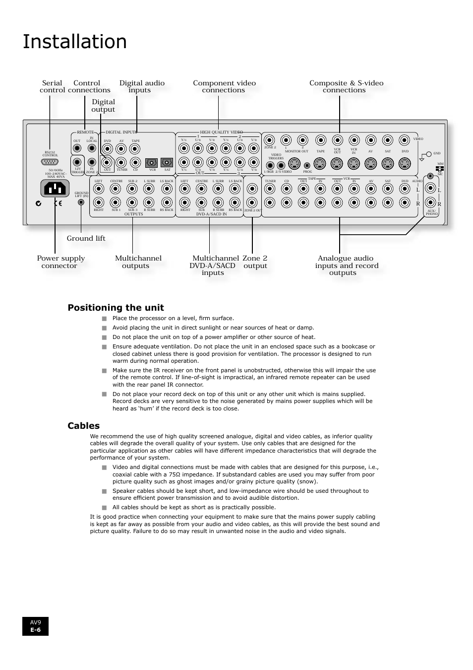 Installation, Positioning the unit, Cables | En g li s h | Arcam FMJ AV9 User Manual | Page 6 / 54