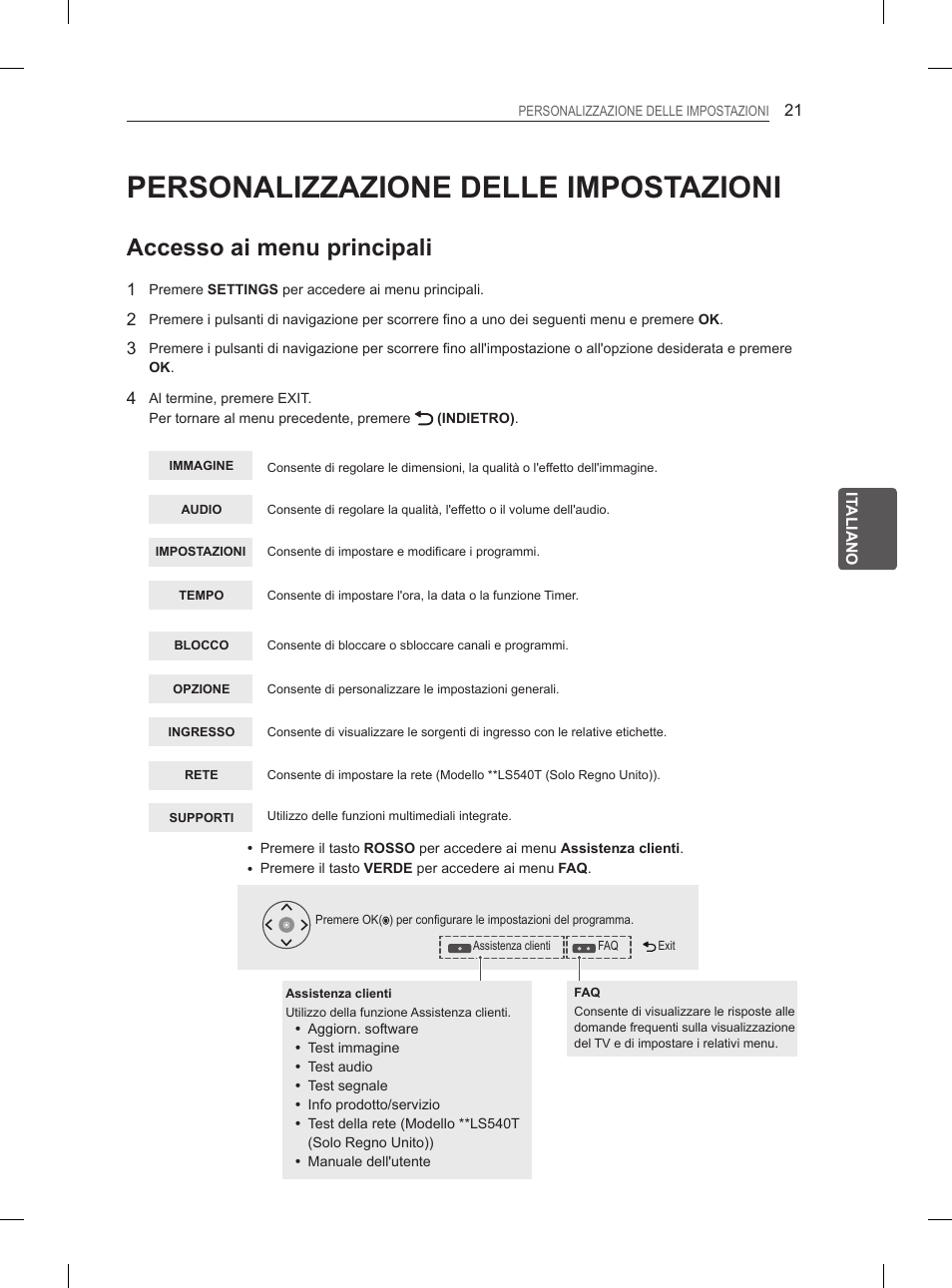 Personalizzazione delle impostazioni, Accesso ai menu principali | LG 27LS5400 User Manual | Page 101 / 238