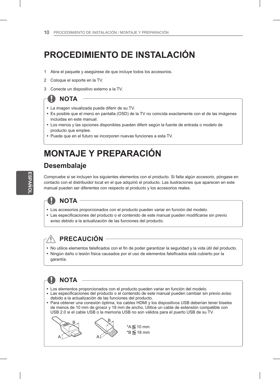Procedimiento de instalación, Montaje y preparación, Desembalaje | Nota, Precaución | LG 27LS5400 User Manual | Page 118 / 238