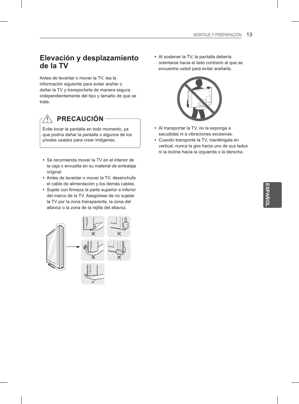 Elevación y desplazamiento de la tv, Precaución | LG 27LS5400 User Manual | Page 121 / 238