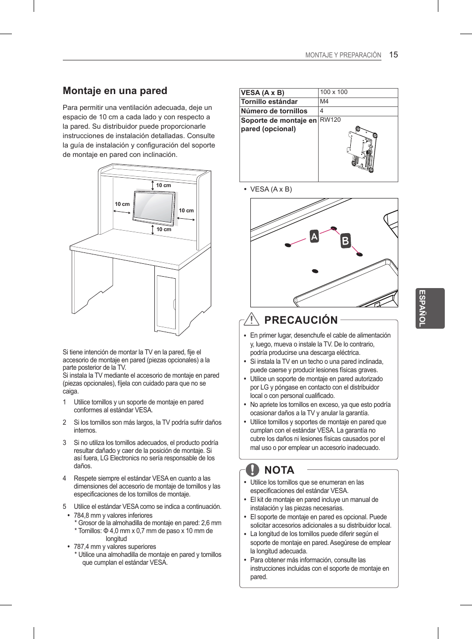 Nota, Precaución, Montaje en una pared | LG 27LS5400 User Manual | Page 123 / 238