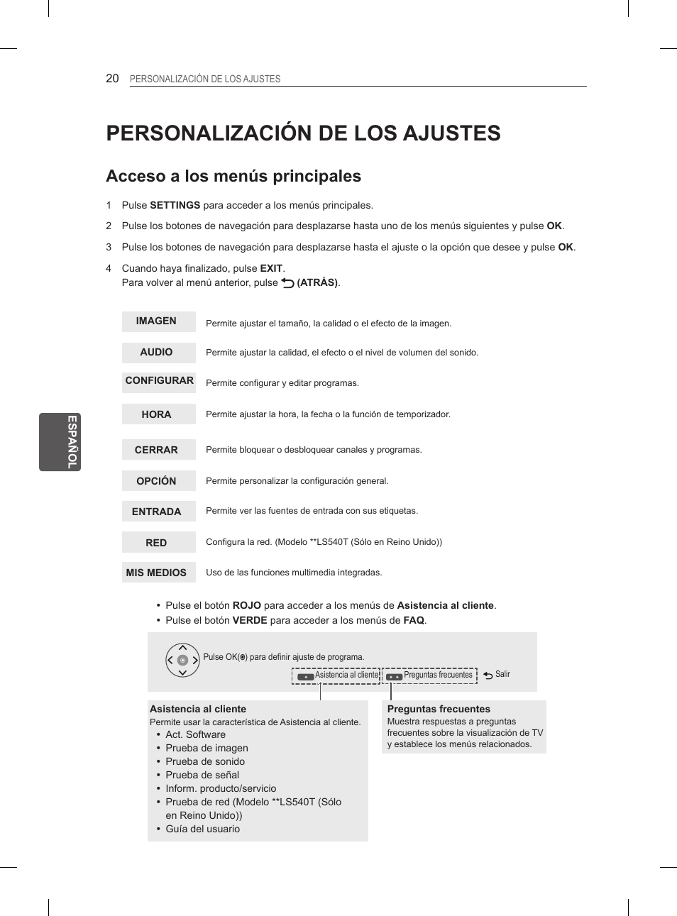 Personalización de los ajustes, Acceso a los menús principales | LG 27LS5400 User Manual | Page 128 / 238