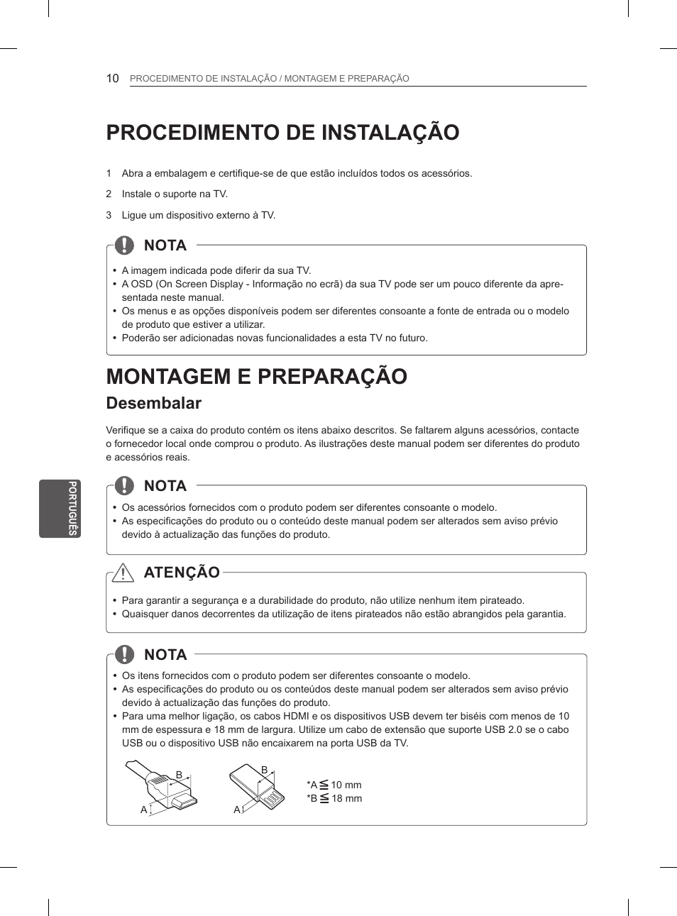 Procedimento de instalação, Montagem e preparação, Desembalar | Nota, Atenção | LG 27LS5400 User Manual | Page 142 / 238