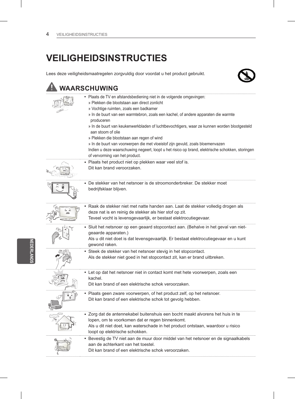 Veiligheidsinstructies, Waarschuwing | LG 27LS5400 User Manual | Page 160 / 238
