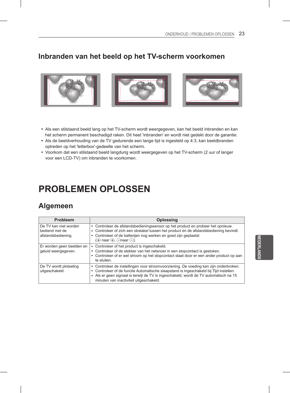 Problemen oplossen, Inbranden van het beeld op het tv-scherm voorkomen, Algemeen | LG 27LS5400 User Manual | Page 179 / 238