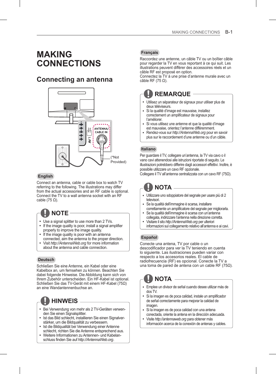 Making connections, Connecting an antenna, Remarque | Nota, Hinweis | LG 27LS5400 User Manual | Page 205 / 238