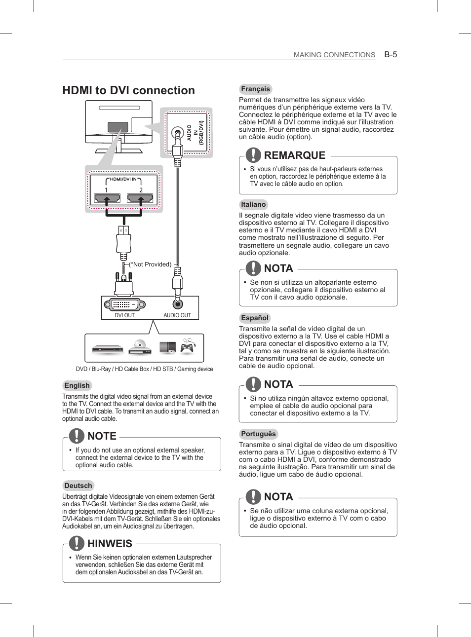 Hdmi to dvi connection, Hinweis, Remarque | Nota | LG 27LS5400 User Manual | Page 209 / 238