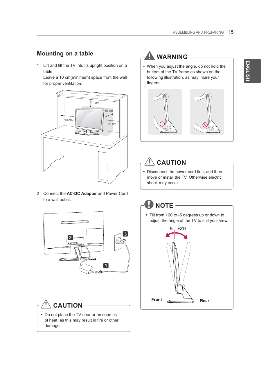 Warning, Caution, Mounting on a table | LG 27LS5400 User Manual | Page 23 / 238