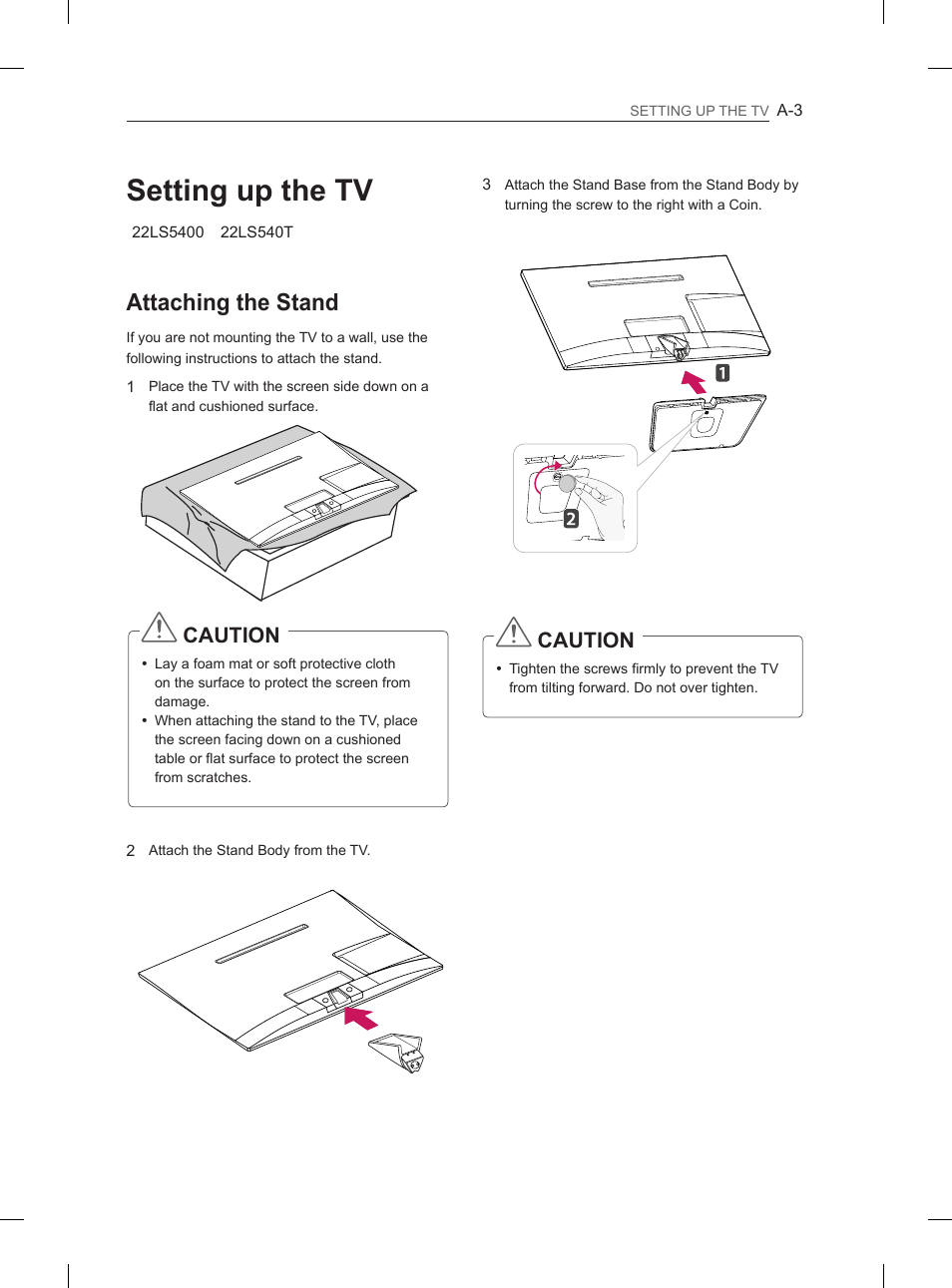 Setting up the tv, Attaching the stand, Caution | LG 27LS5400 User Manual | Page 5 / 238