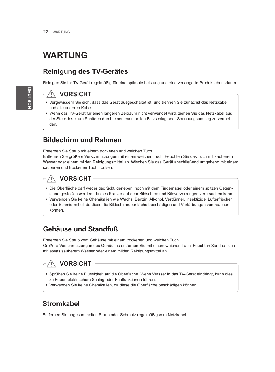 Wartung, Reinigung des tv-gerätes, Bildschirm und rahmen | Gehäuse und standfuß, Stromkabel, Vorsicht | LG 27LS5400 User Manual | Page 54 / 238