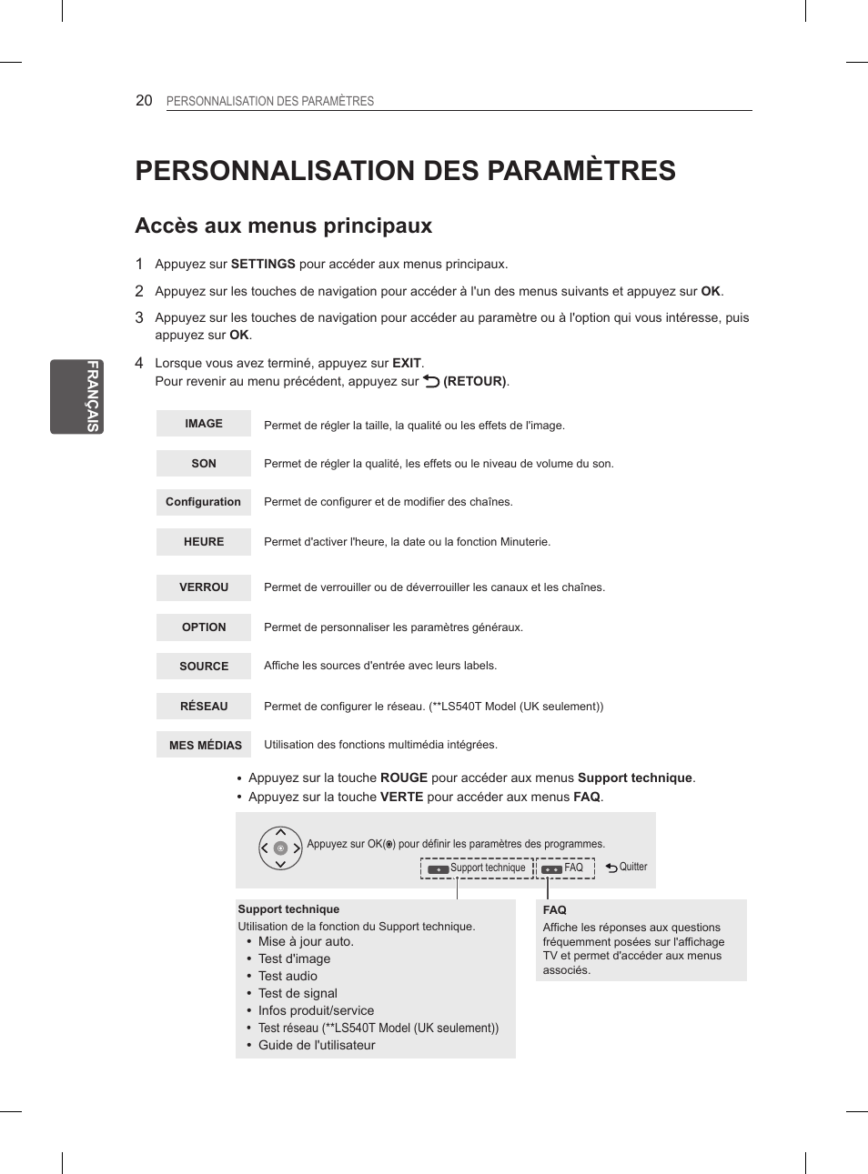 Personnalisation des paramètres, Accès aux menus principaux | LG 27LS5400 User Manual | Page 76 / 238
