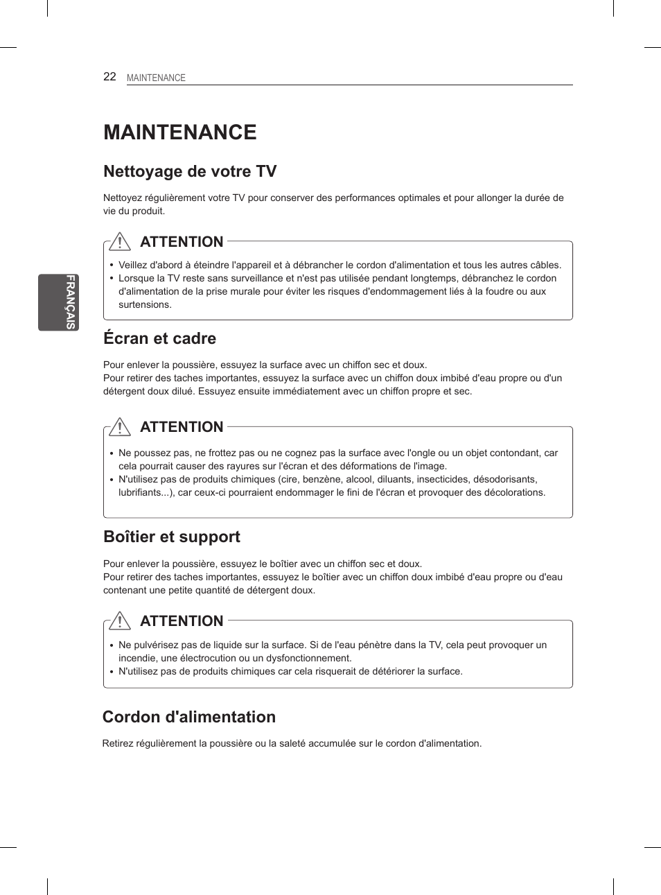 Maintenance, Nettoyage de votre tv, Écran et cadre | Boîtier et support, Cordon d'alimentation, Attention | LG 27LS5400 User Manual | Page 78 / 238