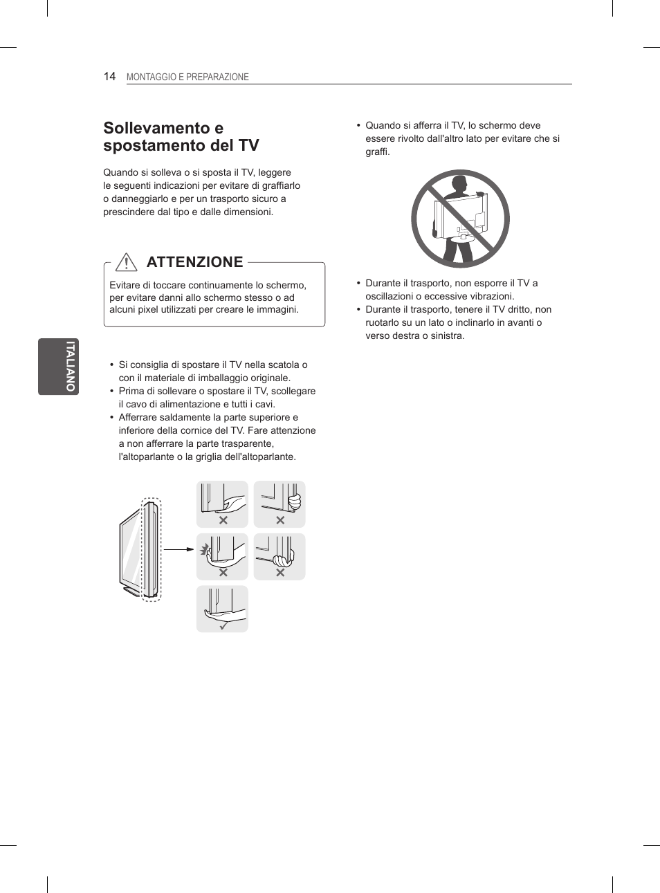 Sollevamento e spostamento del tv, Attenzione | LG 27LS5400 User Manual | Page 94 / 238