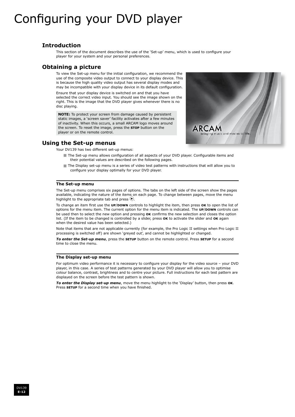 Configuring your dvd player, Introduction, Obtaining a picture | Using the set-up menus | Arcam FMJ DV139 User Manual | Page 12 / 26