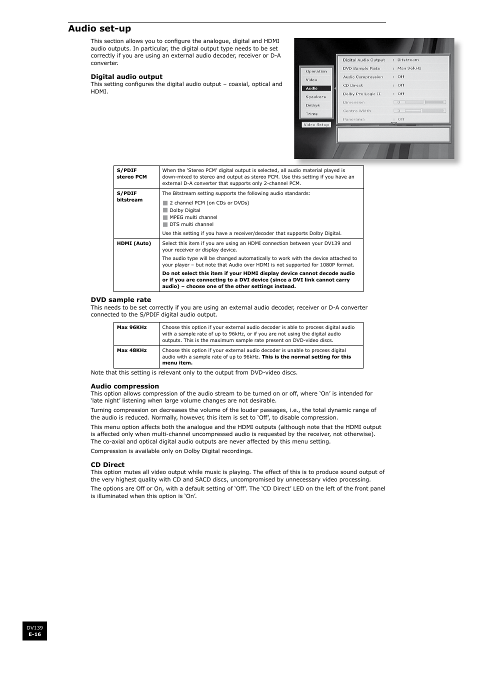 Audio set-up | Arcam FMJ DV139 User Manual | Page 16 / 26