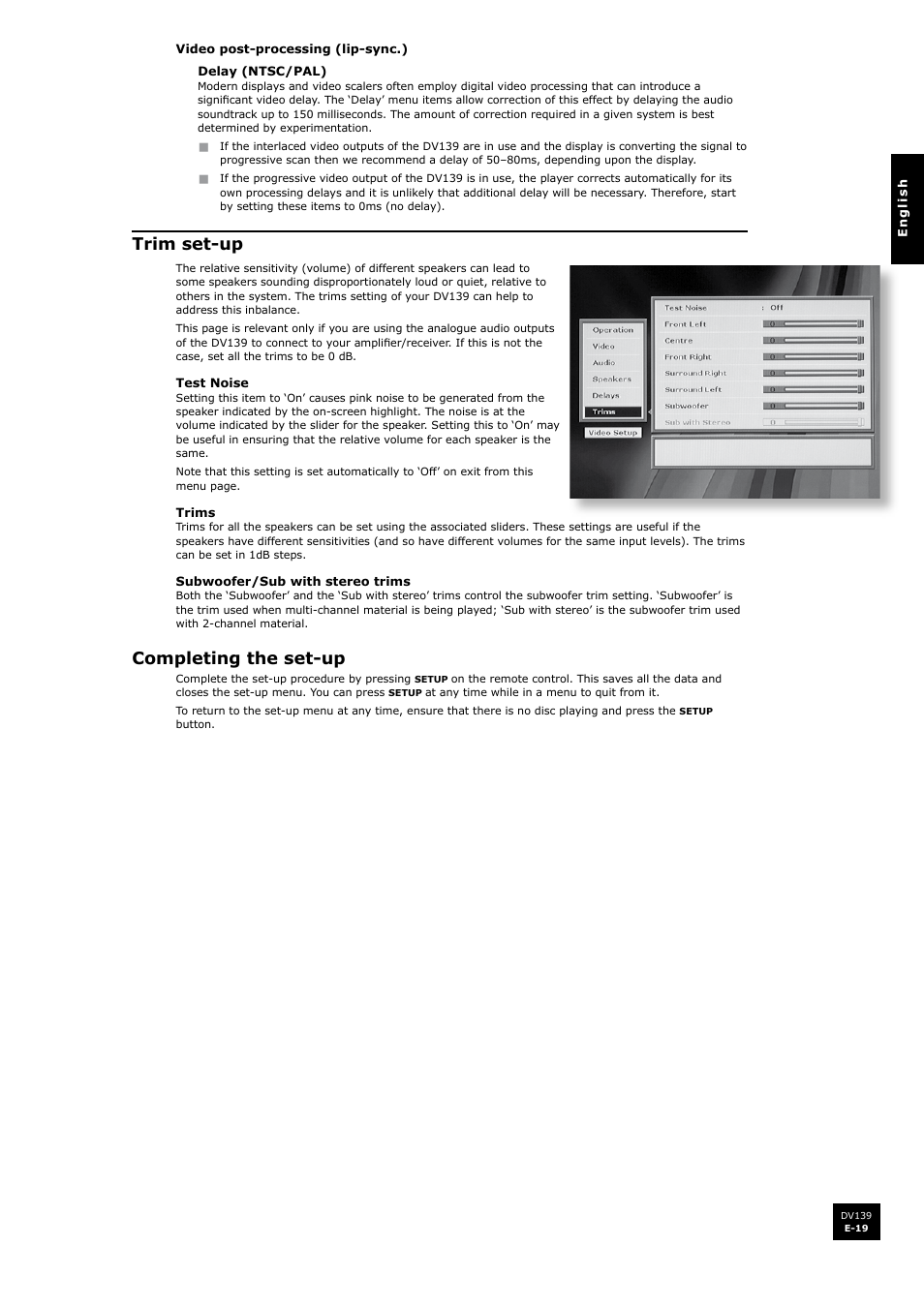 Trim set-up, Completing the set-up | Arcam FMJ DV139 User Manual | Page 19 / 26