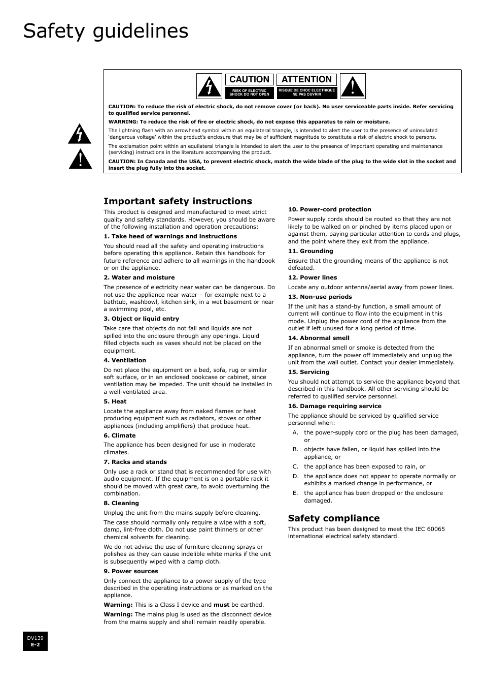 Safety guidelines, Attention caution, Important safety instructions | Safety compliance | Arcam FMJ DV139 User Manual | Page 2 / 26