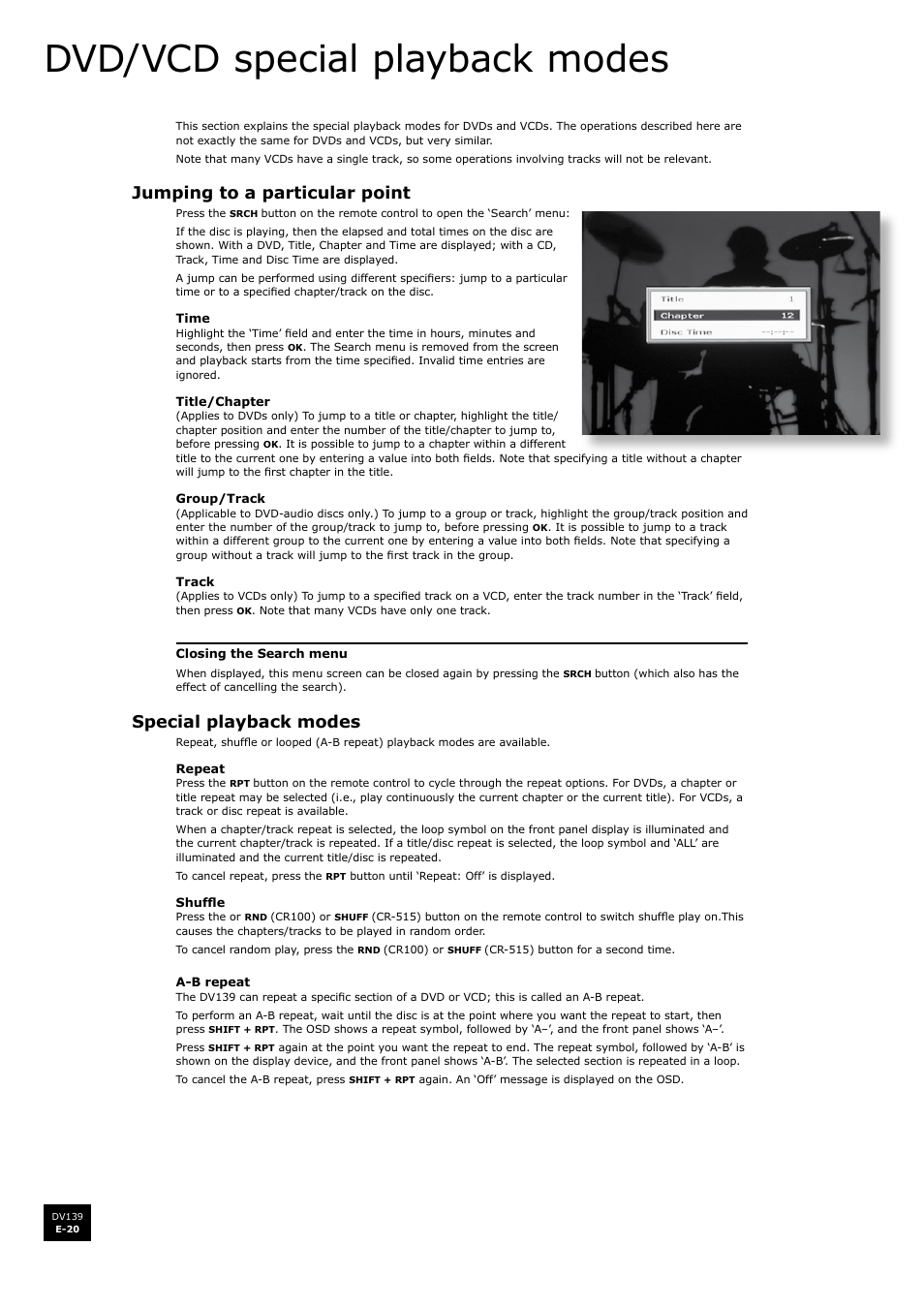 Dvd/vcd special playback modes, Jumping to a particular point, Special playback modes | Arcam FMJ DV139 User Manual | Page 20 / 26