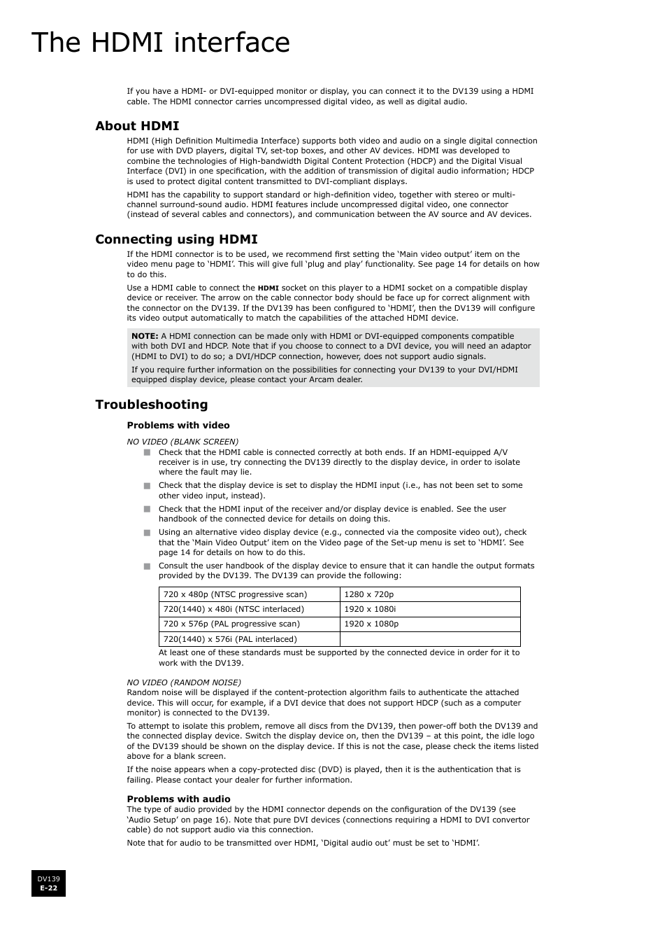 The hdmi interface, About hdmi, Connecting using hdmi | Troubleshooting | Arcam FMJ DV139 User Manual | Page 22 / 26