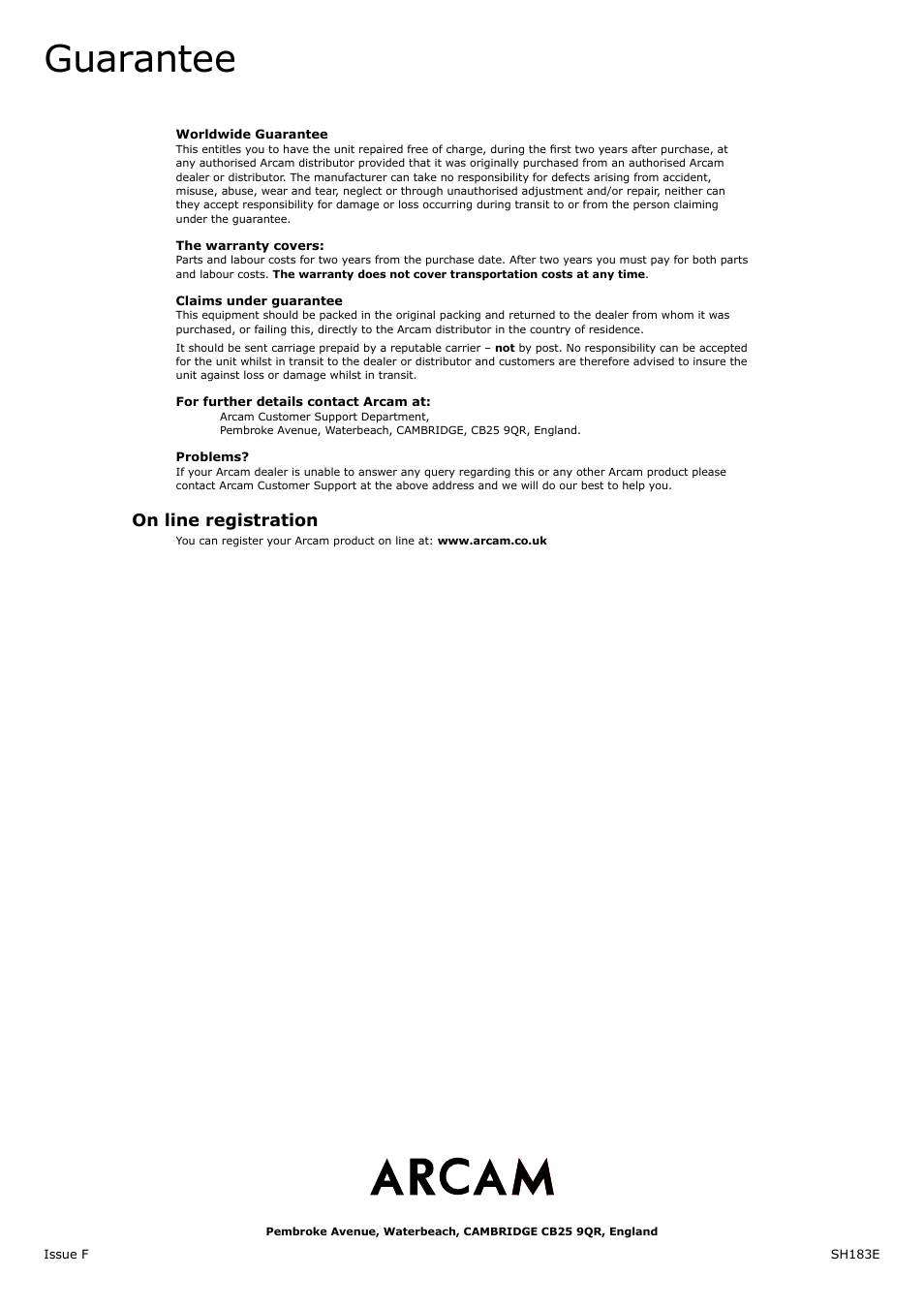 Guarantee, On line registration | Arcam FMJ DV139 User Manual | Page 26 / 26