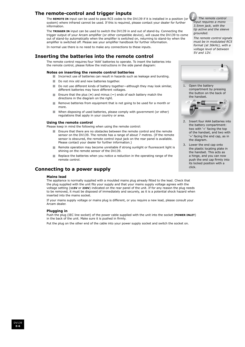 The remote-control and trigger inputs, Inserting the batteries into the remote control, Connecting to a power supply | Arcam FMJ DV139 User Manual | Page 6 / 26