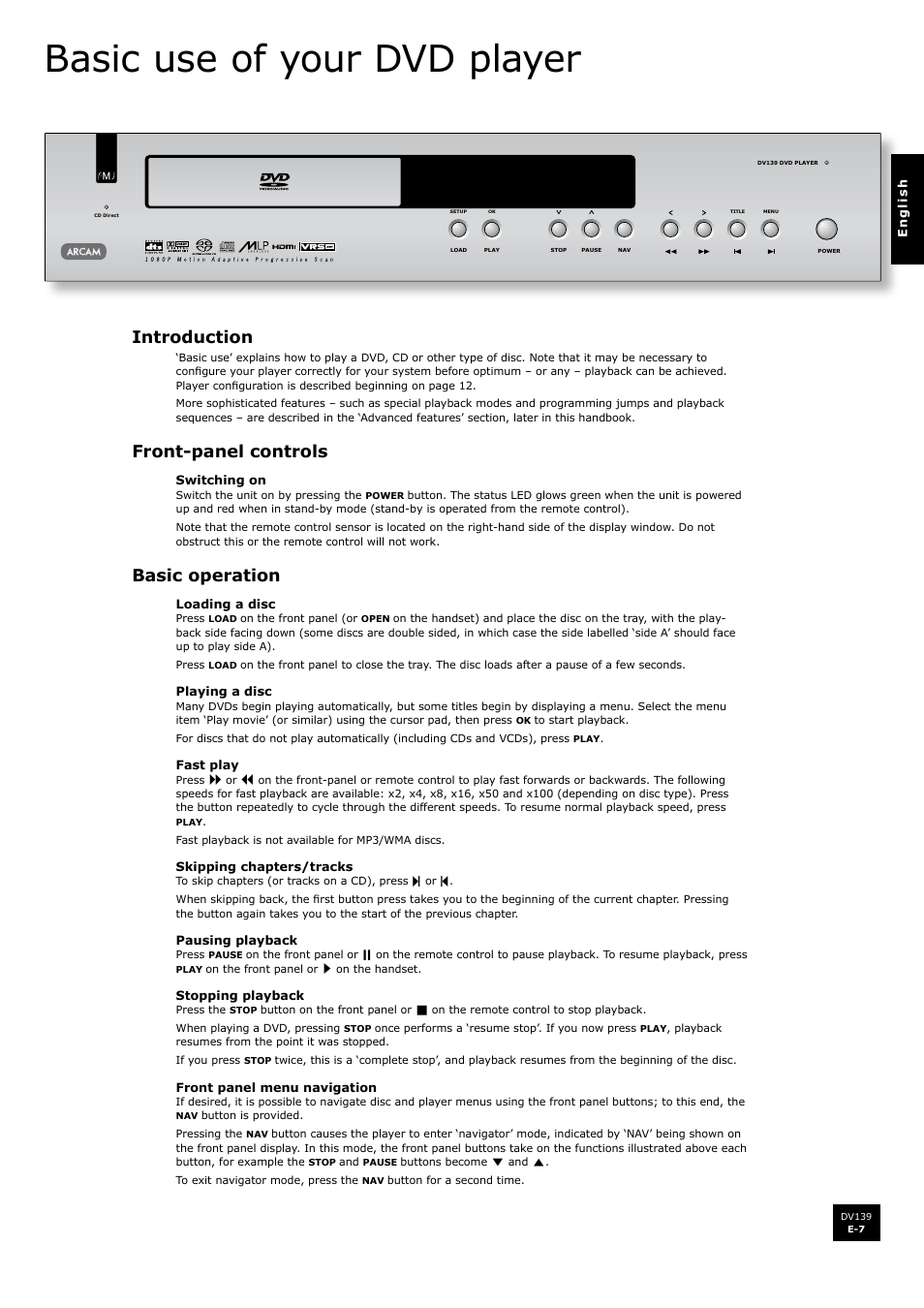 Basic use of your dvd player, Introduction, Front-panel controls | Basic operation | Arcam FMJ DV139 User Manual | Page 7 / 26