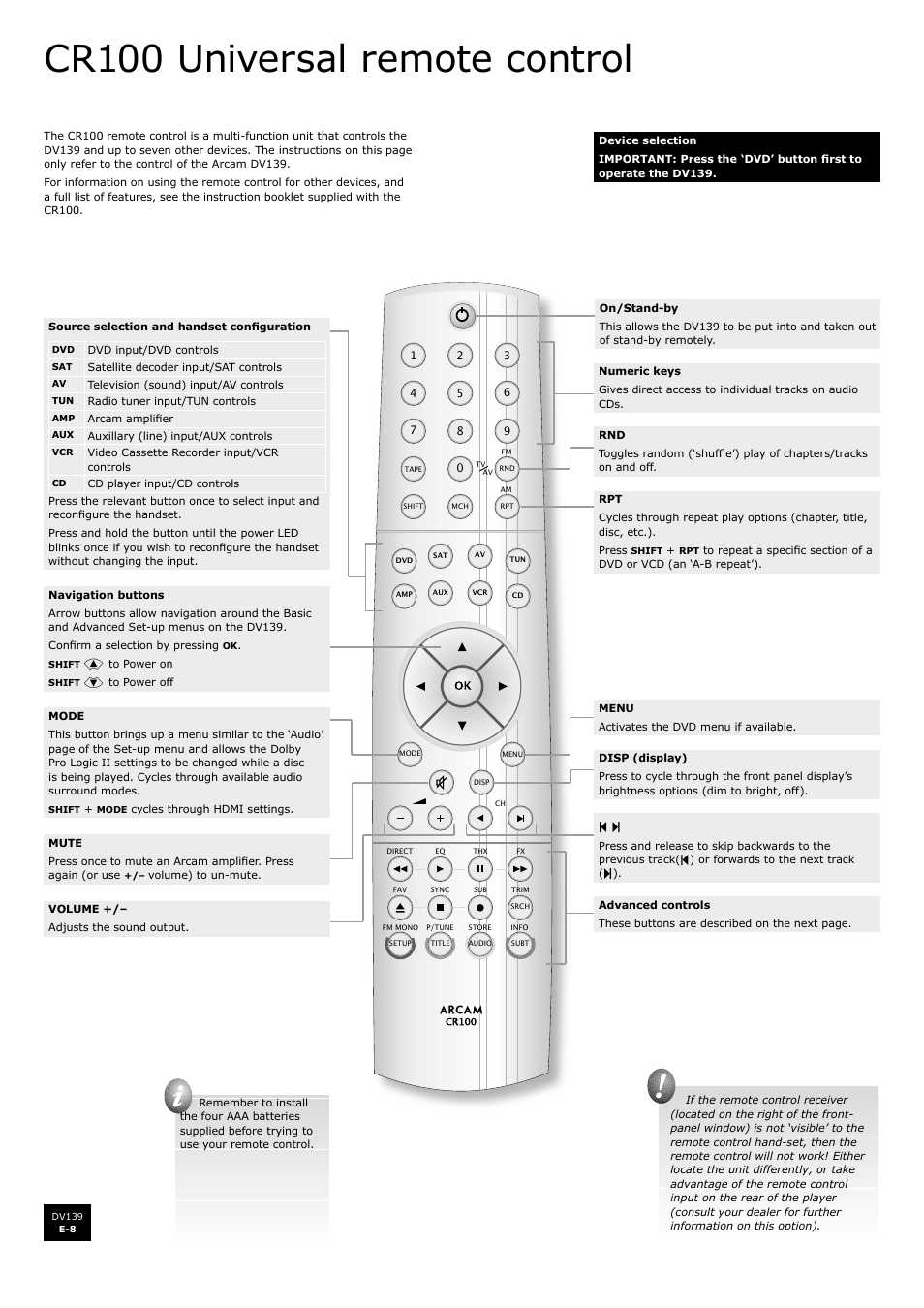 Cr100 universal remote control | Arcam FMJ DV139 User Manual | Page 8 / 26