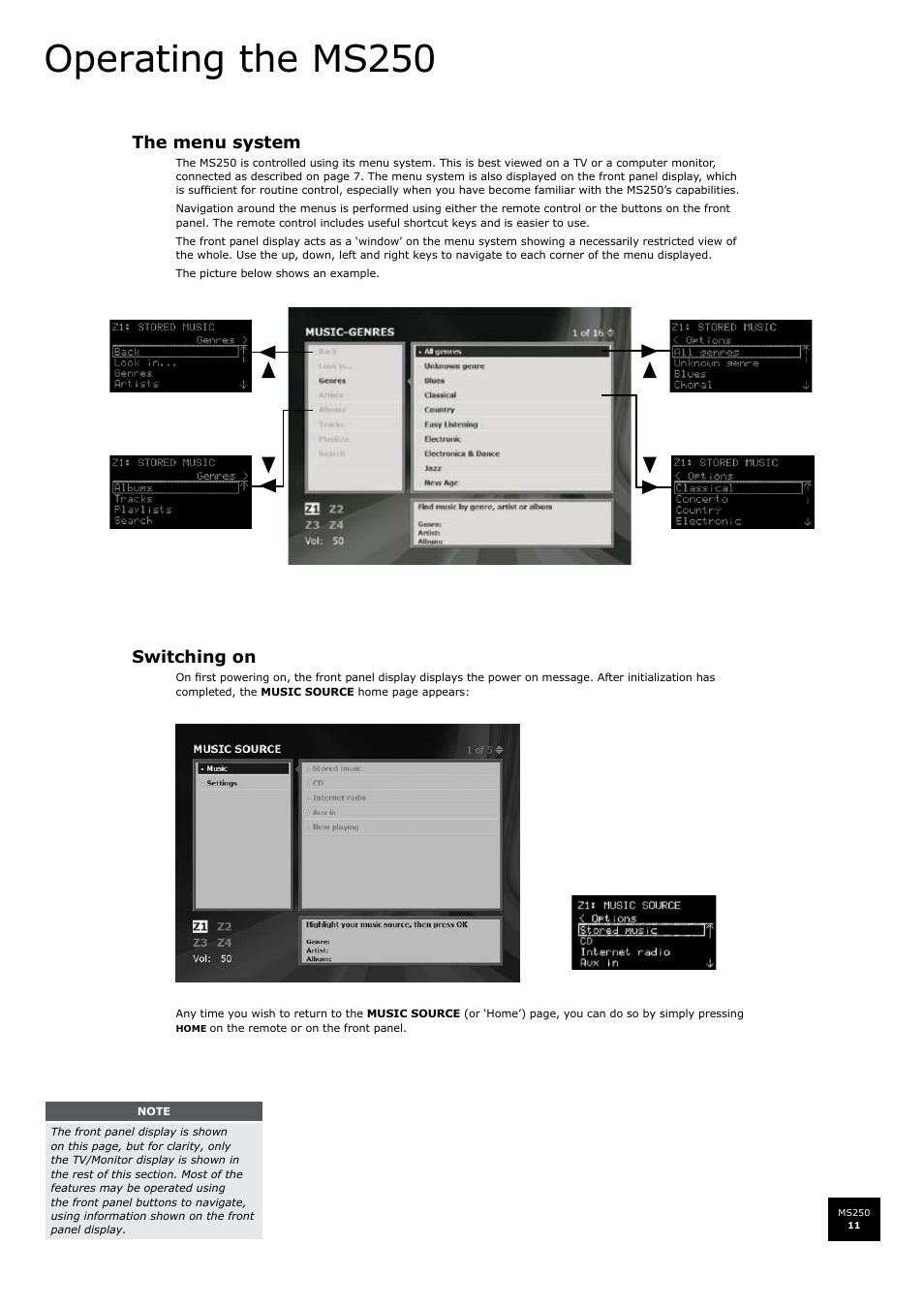 Operating the ms250, The menu system, Switching on | Arcam FMJ MS250 User Manual | Page 11 / 36