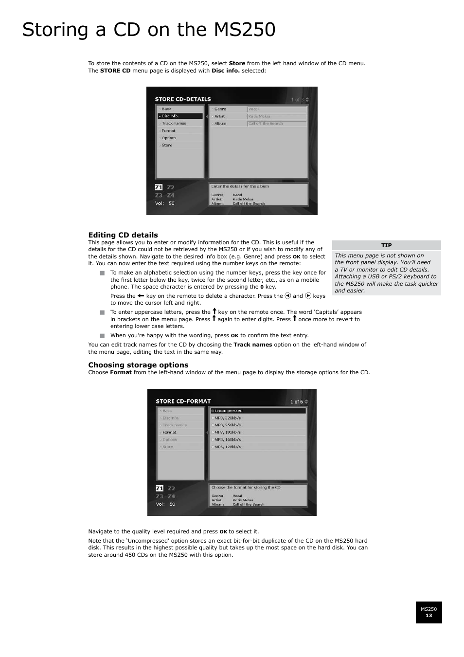 Storing a cd on the ms250 | Arcam FMJ MS250 User Manual | Page 13 / 36