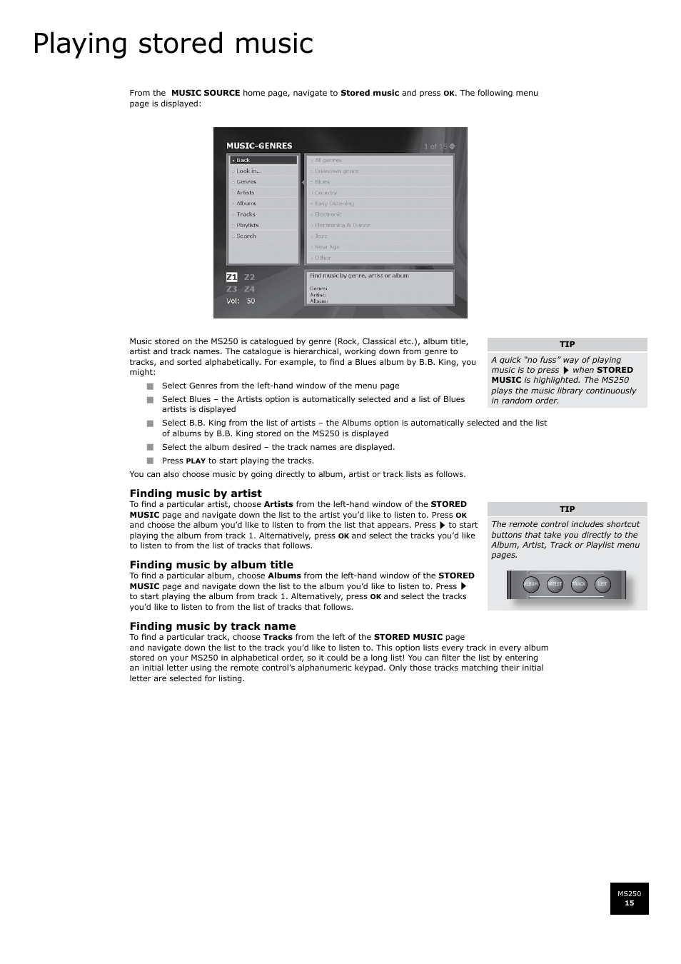 Playing stored music, Finding music by artist, Finding music by album title | Finding music by track name | Arcam FMJ MS250 User Manual | Page 15 / 36