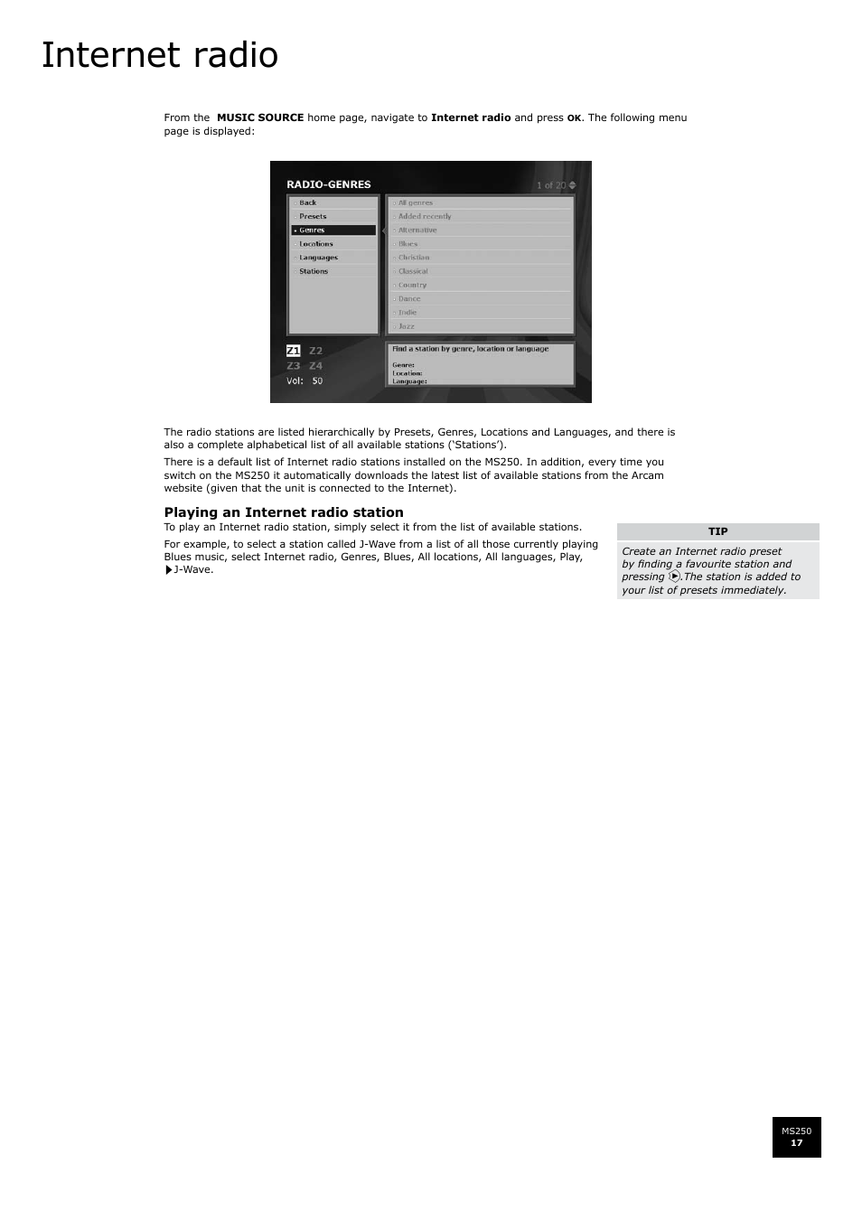 Internet radio | Arcam FMJ MS250 User Manual | Page 17 / 36