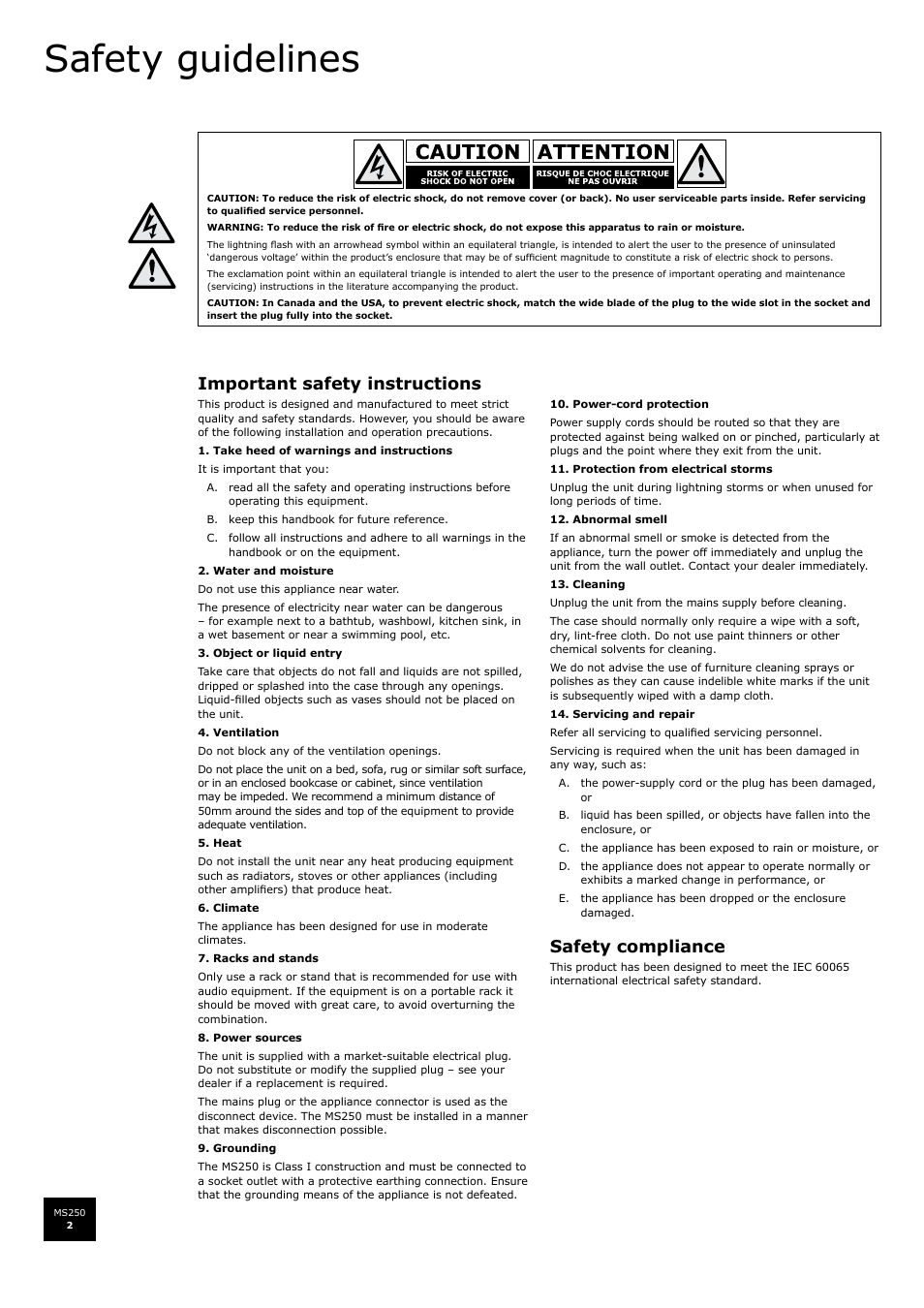 Safety guidelines, Important safety instructions, Safety compliance | Arcam FMJ MS250 User Manual | Page 2 / 36