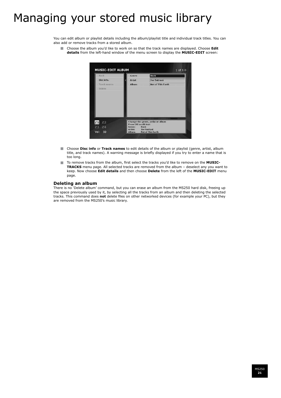 Managing your stored music library | Arcam FMJ MS250 User Manual | Page 21 / 36