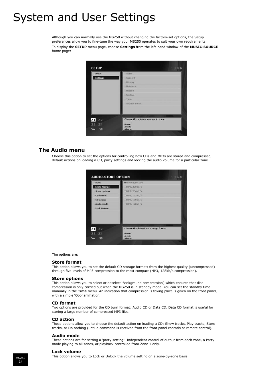 System and user settings, The audio menu | Arcam FMJ MS250 User Manual | Page 24 / 36