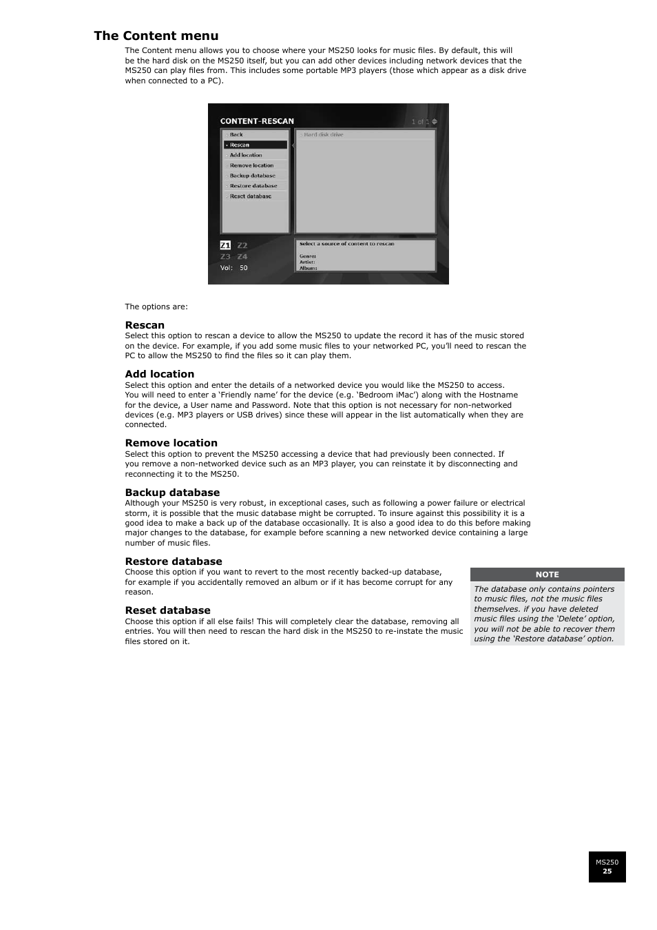 The content menu | Arcam FMJ MS250 User Manual | Page 25 / 36