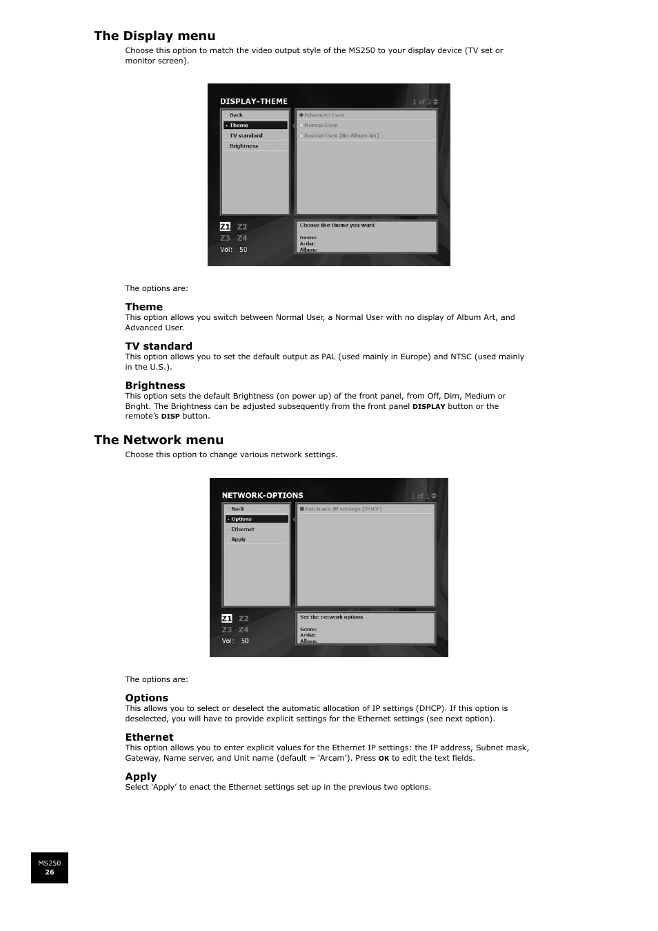 The display menu, The network menu | Arcam FMJ MS250 User Manual | Page 26 / 36