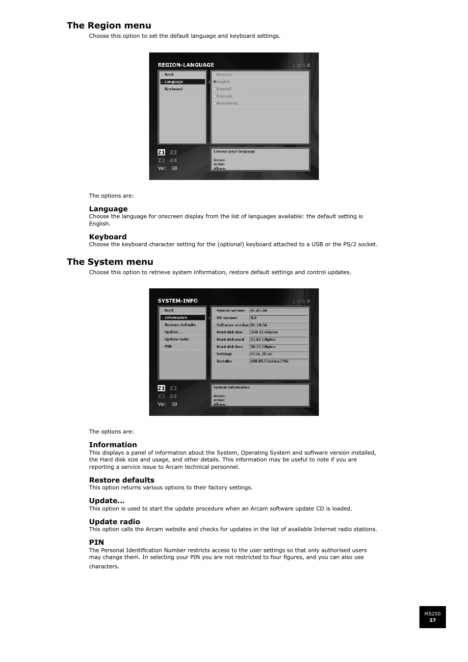 The region menu, The system menu | Arcam FMJ MS250 User Manual | Page 27 / 36